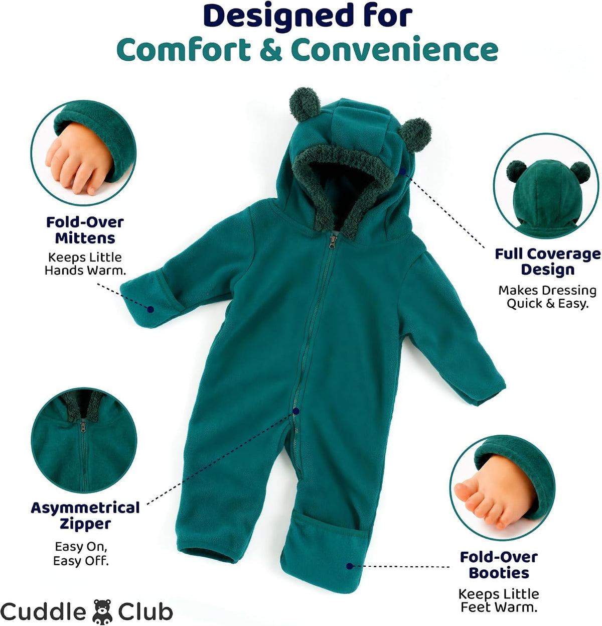 Cuddle Club Fleece Baby Bunting Bodysuit Hoodie, Newborn - 5T