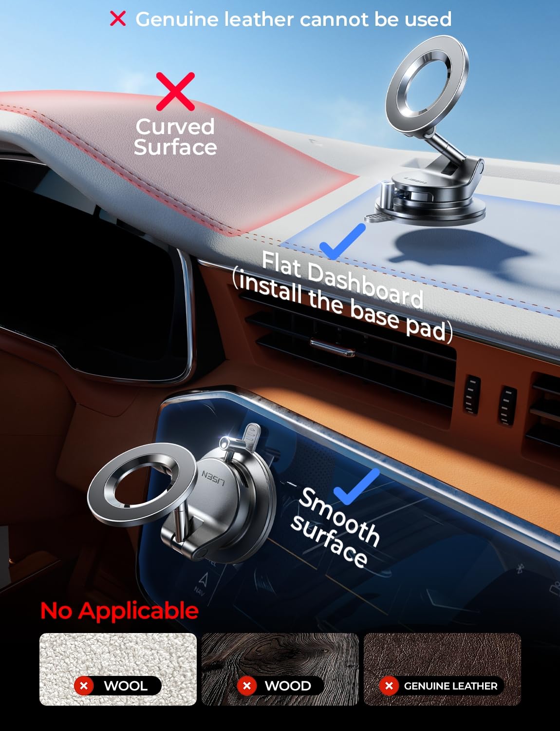 LISEN for MagSafe Car Mount, 360° Adjustable Vacuum Magnetic Phone Holders for Your Car, for iPhone 17 Pro Max 16 15 14 13 12 Plus Air for All Smartphones