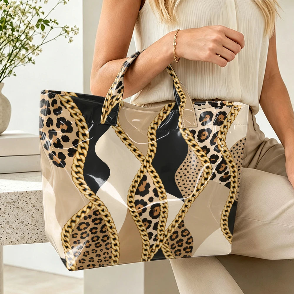 1pc Leopard Metal Chain Stitching Pattern Bright PVC Tote Bag, Retro Luxury Printing, Large-Capacity Handbag, Outdoor Travel Commuting, Storage of Beauty Books, Travel Paraphernalia, Short Handle Handbag.