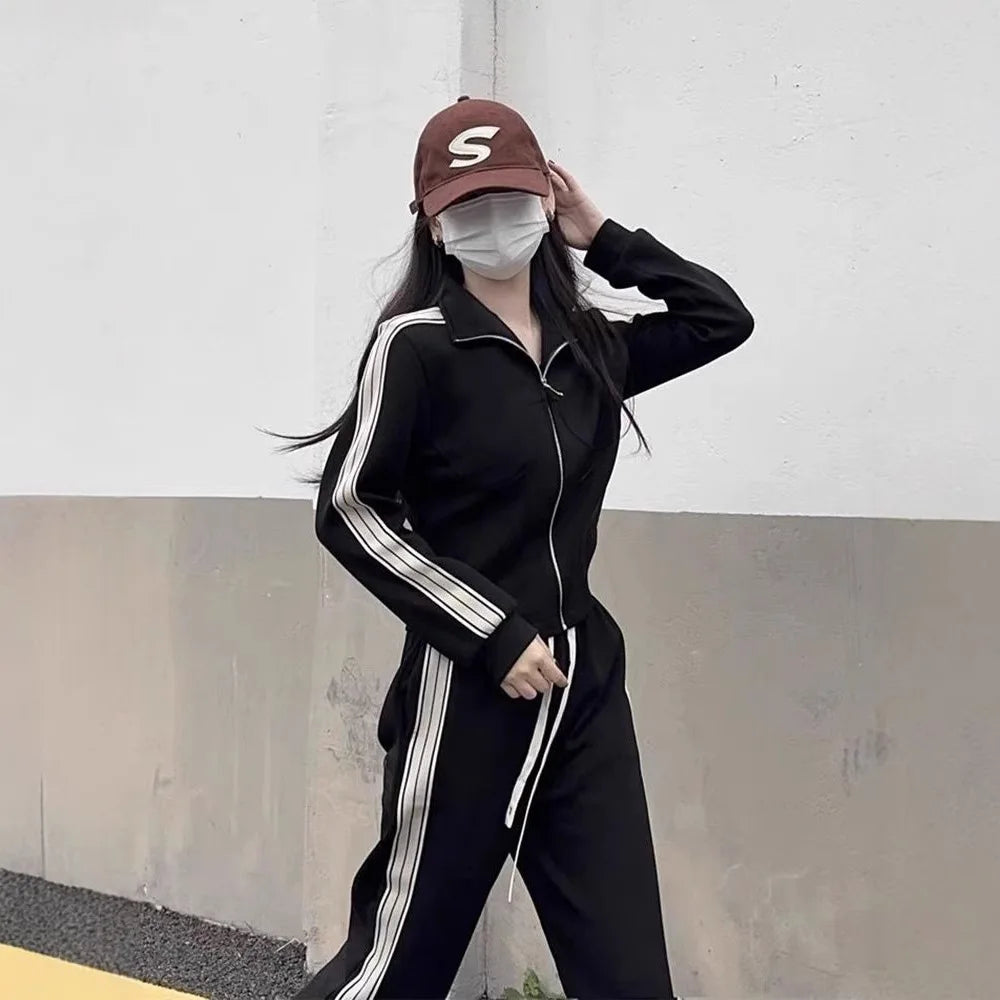 2pcs Autumn winter Women Lady Sets Tracksuit Suit Long-sleeved Cardigan striped crop top Jacket + girls wide leg Trousers pants
