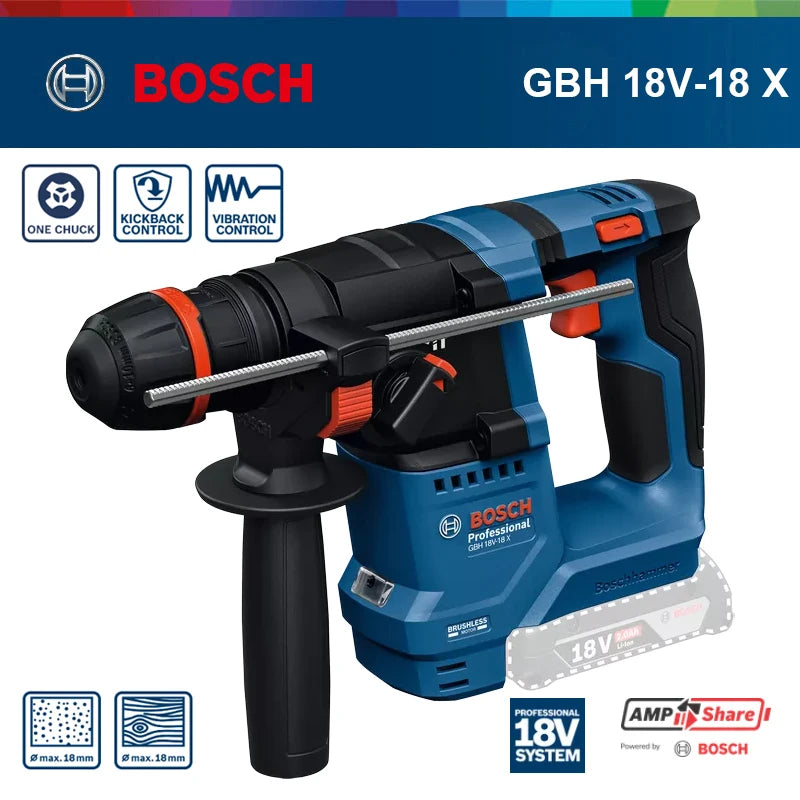 18V Bosch GBH 18V-18 / GBH 18V-18 X Brushless Rotary Hammer SDS-plus ONECHUCK Cordless Lithium-Ion Concrete Steel Wood Drilling
