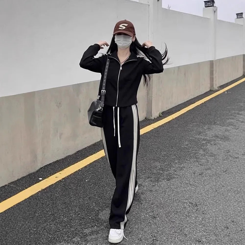 2pcs Autumn winter Women Lady Sets Tracksuit Suit Long-sleeved Cardigan striped crop top Jacket + girls wide leg Trousers pants