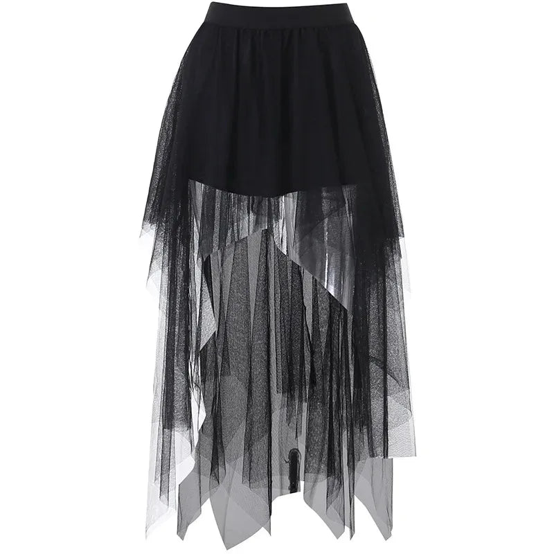 Women's High-Waist Irregular Net Skirt – Gothic Style