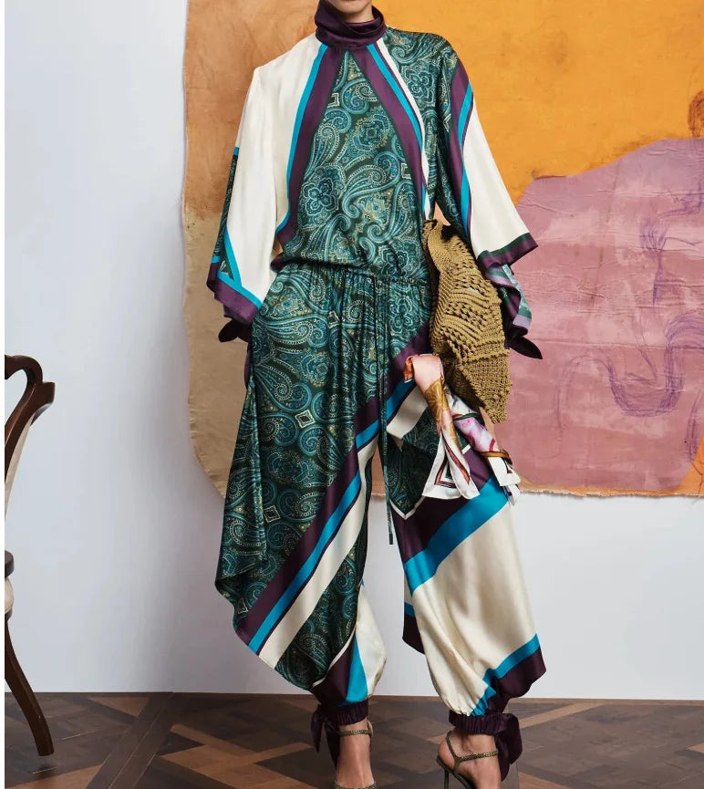 Women's Floral Satin Matching Set – Tie-Waist Top & Pants