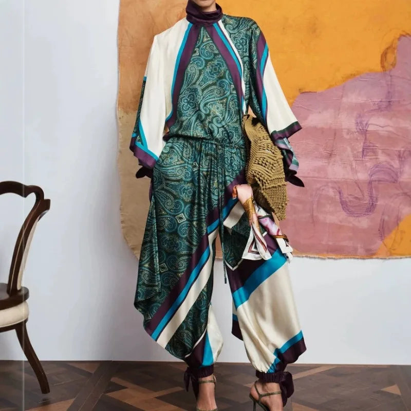 Women's Floral Satin Matching Set – Tie-Waist Top & Pants