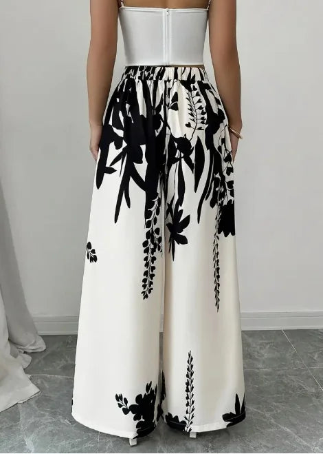 Women's Black Floral Satin Wide-Leg Pants