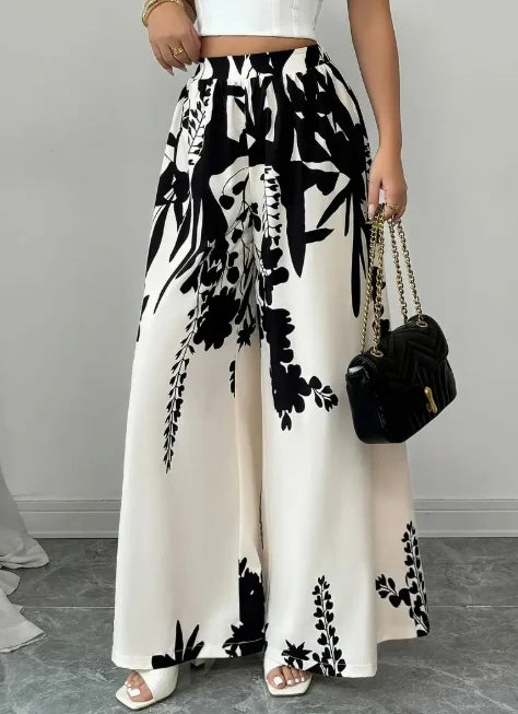 Women's Black Floral Satin Wide-Leg Pants