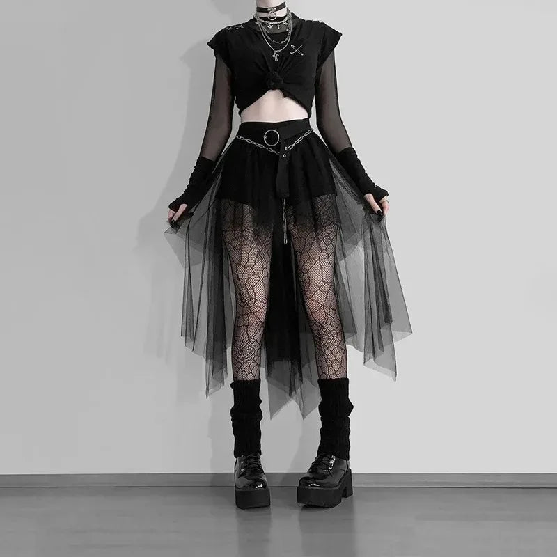Women's High-Waist Irregular Net Skirt – Gothic Style