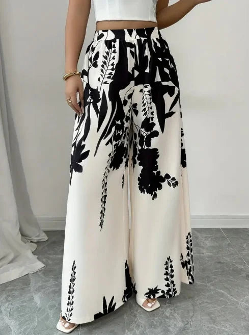 Women's Black Floral Satin Wide-Leg Pants