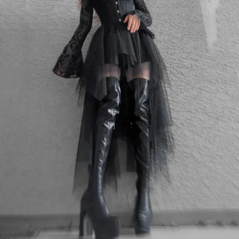 Women's High-Waist Irregular Net Skirt – Gothic Style