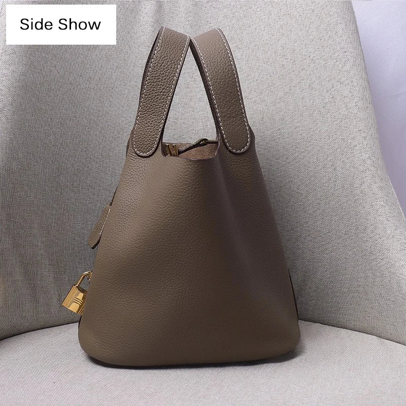 Women's Genuine Cowhide Leather Tote Handbag with Gold-Tone Padlock – 18cm / 22cm