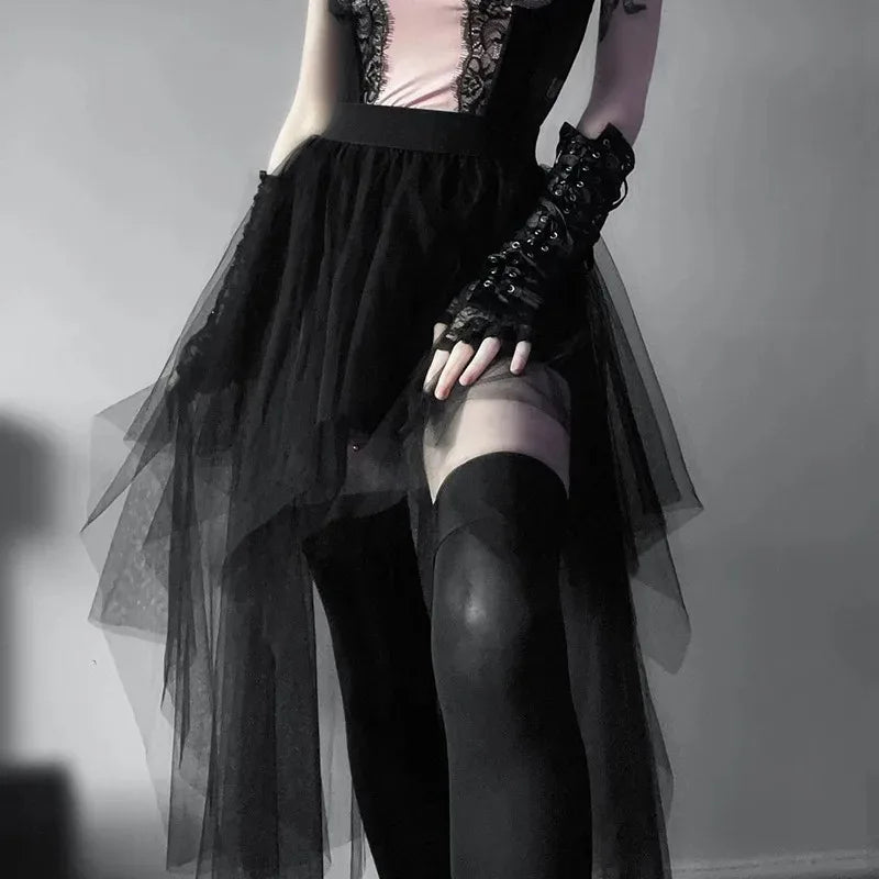 Women's High-Waist Irregular Net Skirt – Gothic Style
