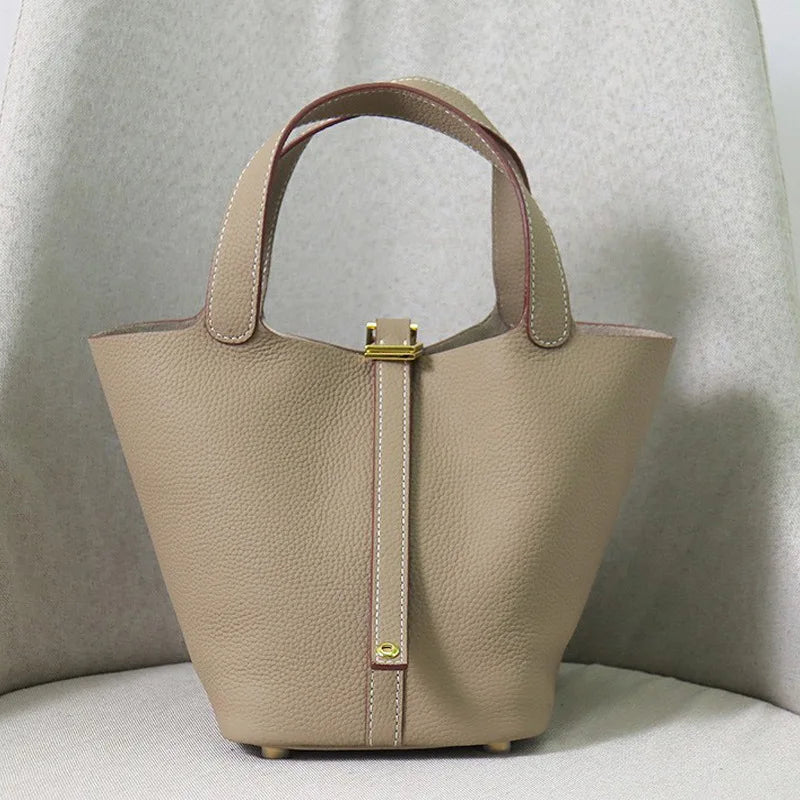 Women's Genuine Cowhide Leather Tote Handbag with Gold-Tone Padlock – 18cm / 22cm