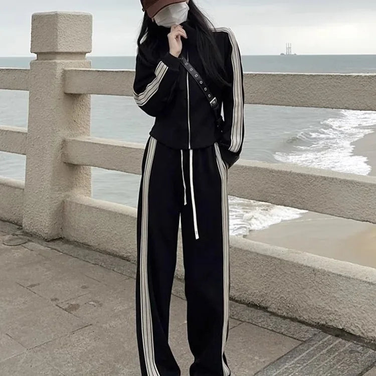 2pcs Autumn winter Women Lady Sets Tracksuit Suit Long-sleeved Cardigan striped crop top Jacket + girls wide leg Trousers pants