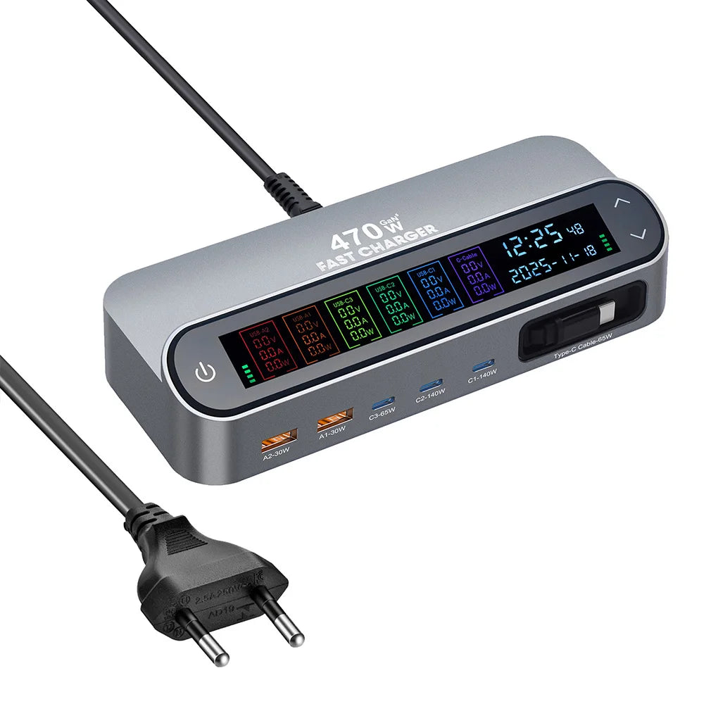 New Multi Port 470W/405W GAN Fast Charger with LCD Display Screen 140W Type C Desktop Charging With 65W Scalable Charging Cable