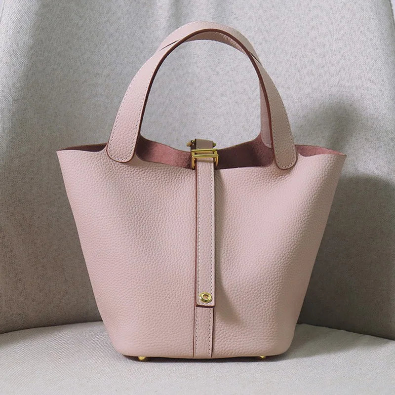 Women's Genuine Cowhide Leather Tote Handbag with Gold-Tone Padlock – 18cm / 22cm