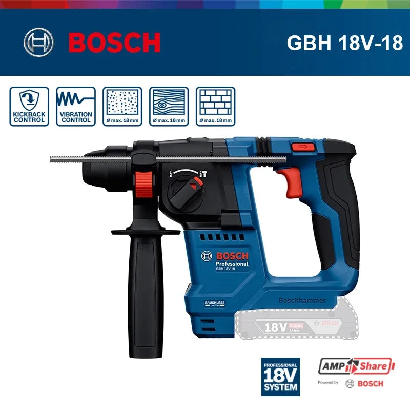 18V Bosch GBH 18V-18 / GBH 18V-18 X Brushless Rotary Hammer SDS-plus ONECHUCK Cordless Lithium-Ion Concrete Steel Wood Drilling