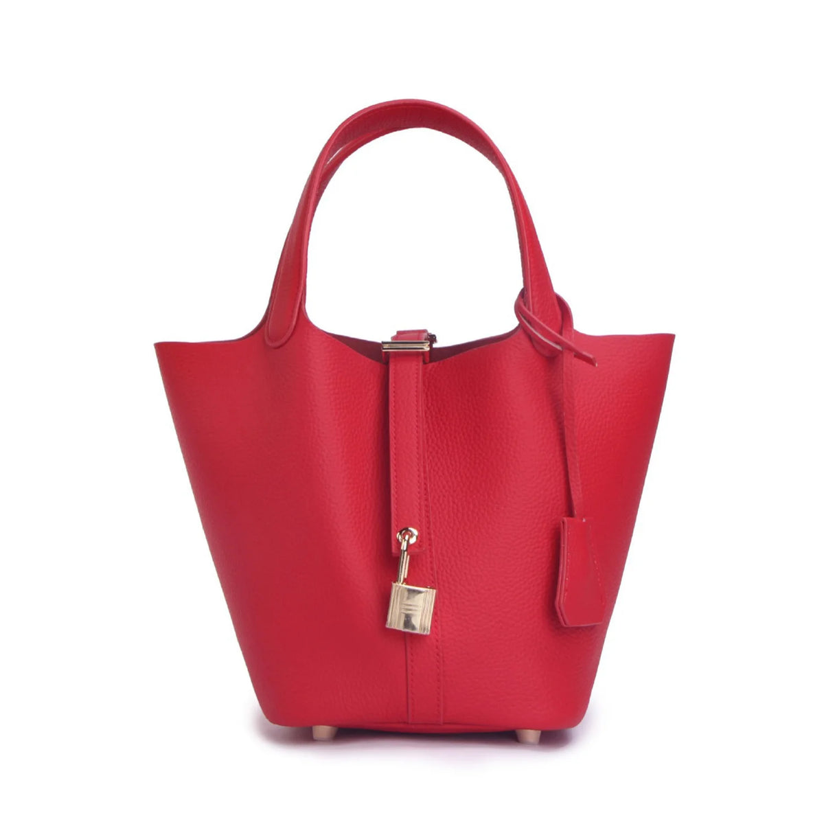 Women's Genuine Cowhide Leather Tote Handbag with Gold-Tone Padlock – 18cm / 22cm
