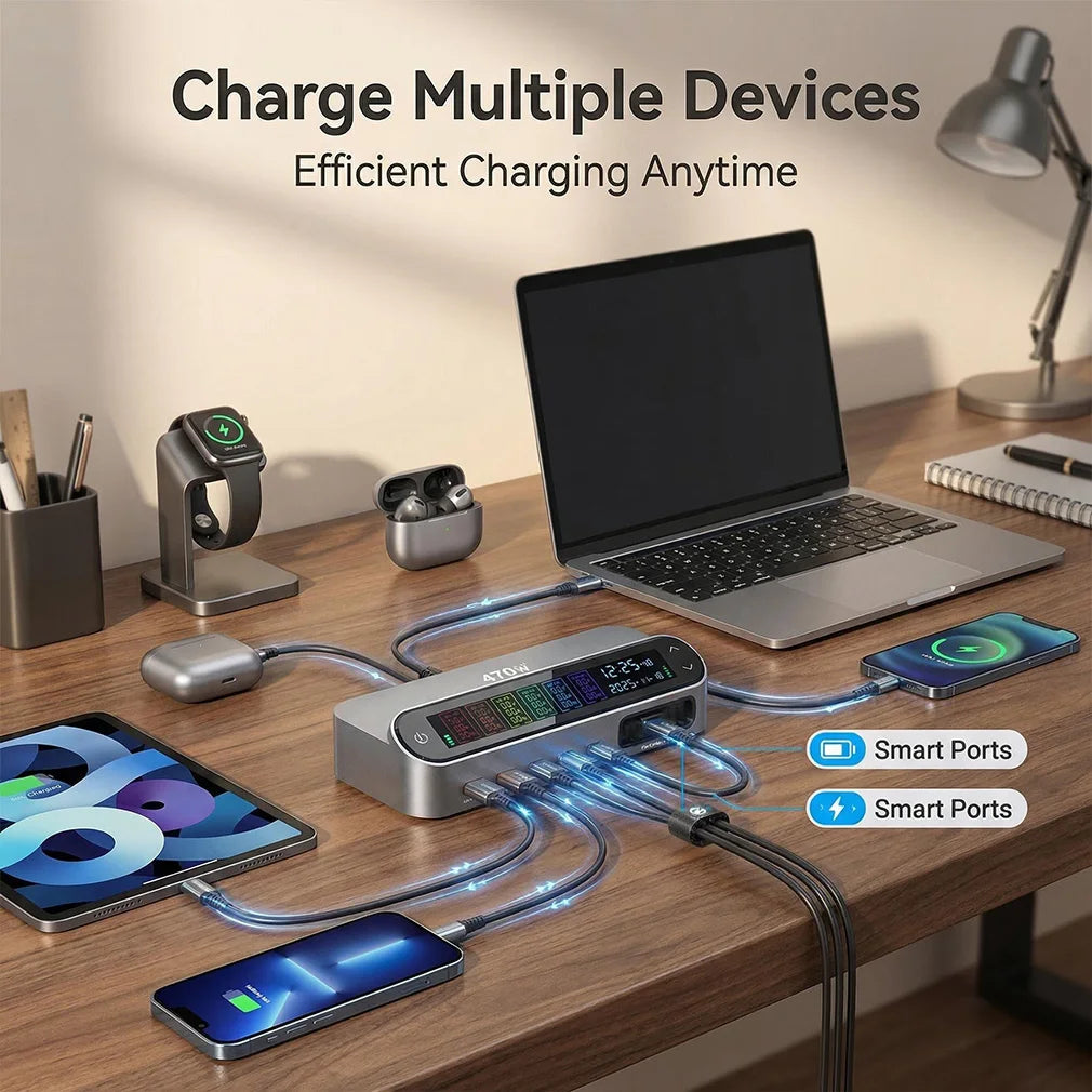 New Multi Port 470W/405W GAN Fast Charger with LCD Display Screen 140W Type C Desktop Charging With 65W Scalable Charging Cable