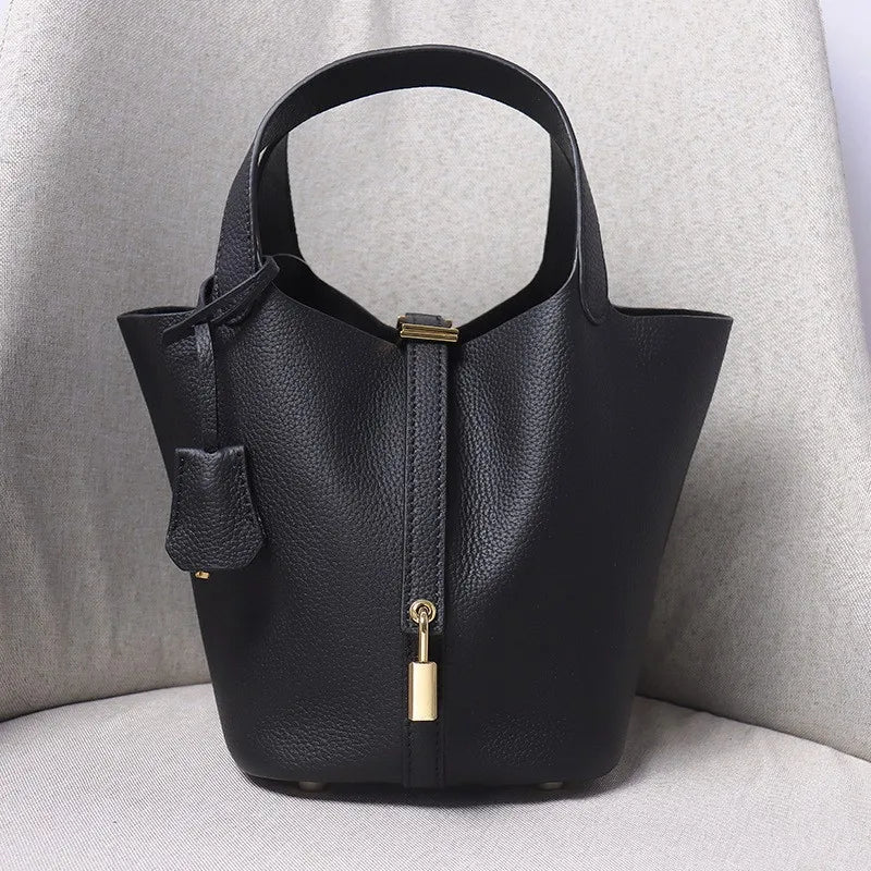 Women's Genuine Cowhide Leather Tote Handbag with Gold-Tone Padlock – 18cm / 22cm