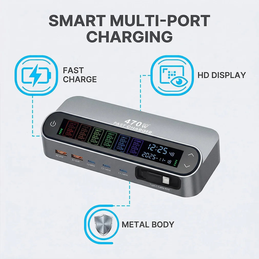 New Multi Port 470W/405W GAN Fast Charger with LCD Display Screen 140W Type C Desktop Charging With 65W Scalable Charging Cable