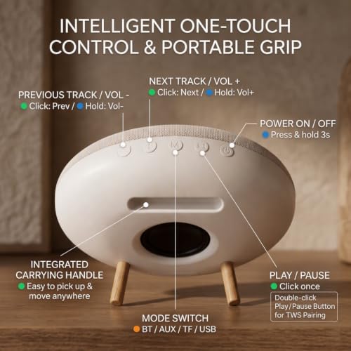 Wocdwocd Round Bluetooth Speaker, Dual 66mm Stereo Drivers, 3000mAh Battery - Sasa