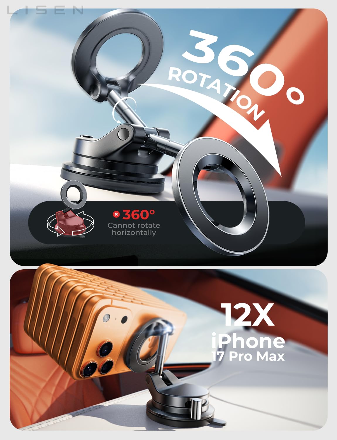 LISEN for MagSafe Car Mount, 360° Adjustable Vacuum Magnetic Phone Holders for Your Car, for iPhone 17 Pro Max 16 15 14 13 12 Plus Air for All Smartphones
