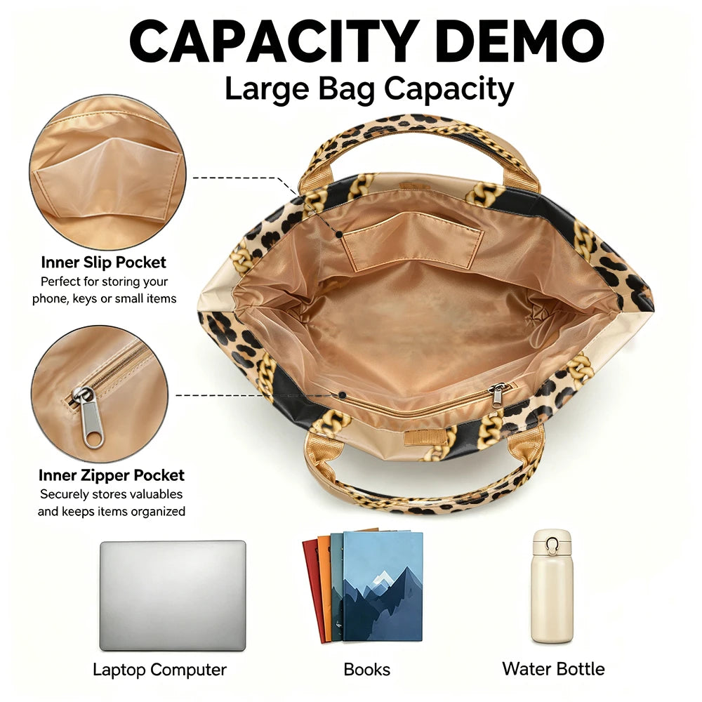 1pc Leopard Metal Chain Stitching Pattern Bright PVC Tote Bag, Retro Luxury Printing, Large-Capacity Handbag, Outdoor Travel Commuting, Storage of Beauty Books, Travel Paraphernalia, Short Handle Handbag.