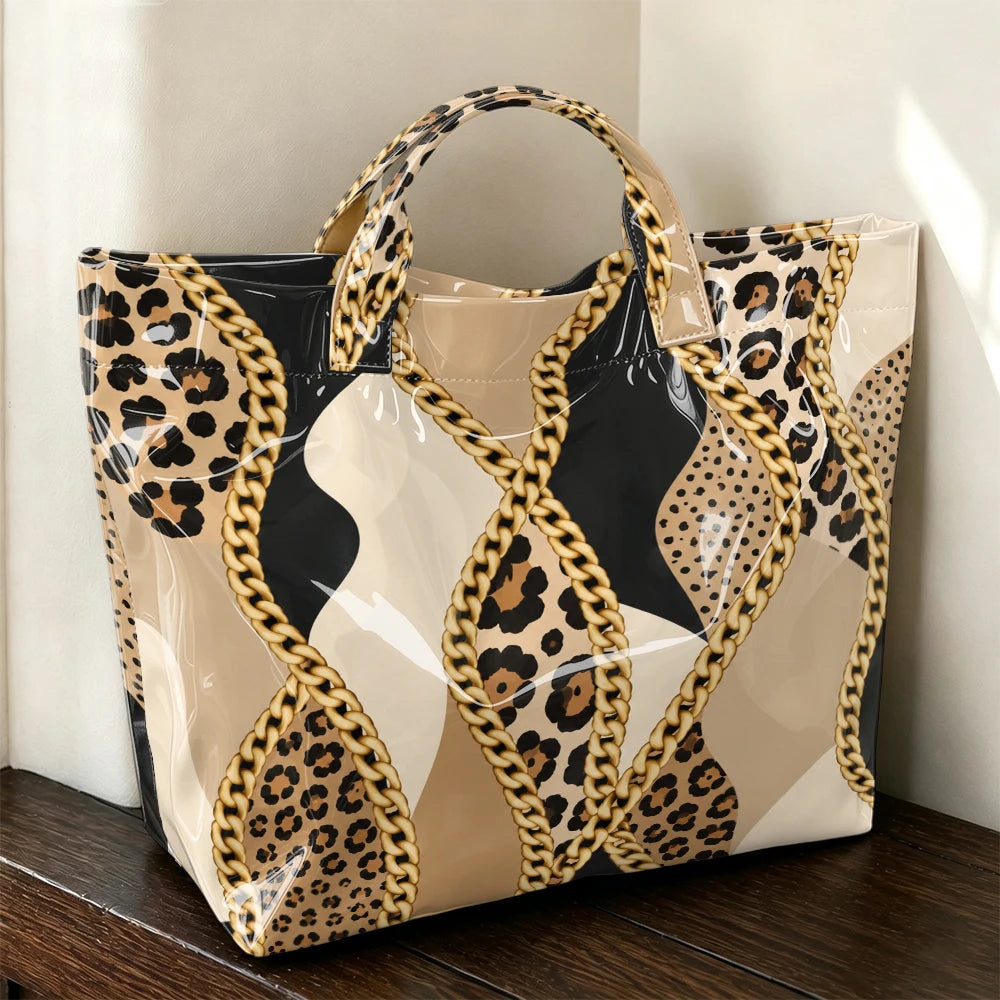1pc Leopard Metal Chain Stitching Pattern Bright PVC Tote Bag, Retro Luxury Printing, Large-Capacity Handbag, Outdoor Travel Commuting, Storage of Beauty Books, Travel Paraphernalia, Short Handle Handbag.