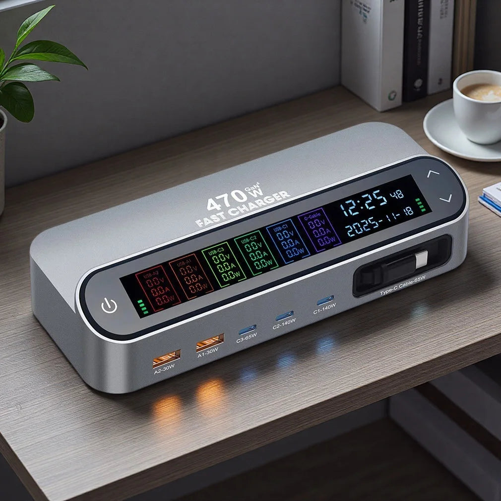 New Multi Port 470W/405W GAN Fast Charger with LCD Display Screen 140W Type C Desktop Charging With 65W Scalable Charging Cable