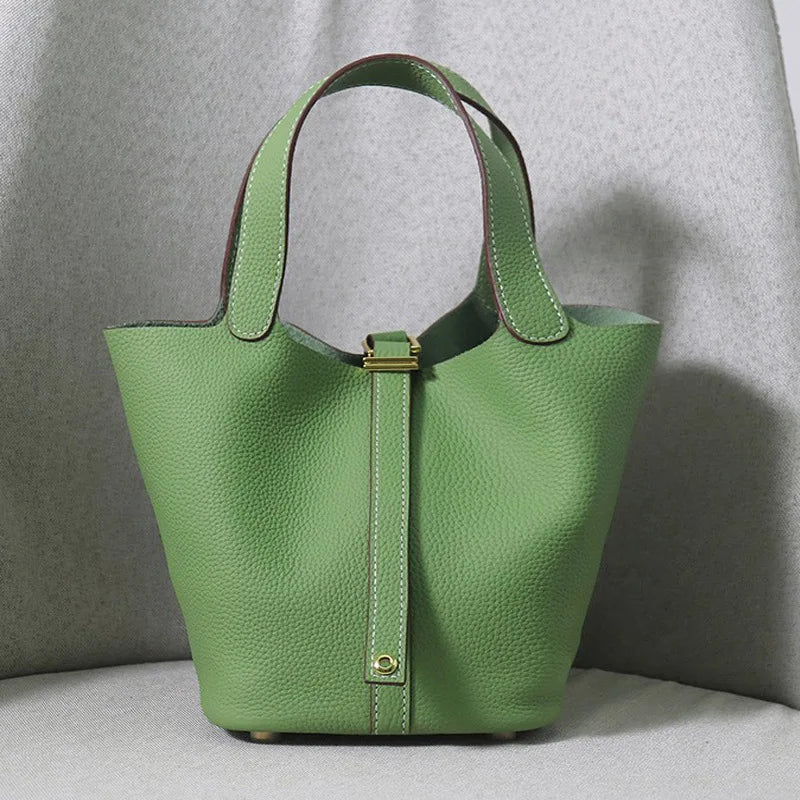 Women's Genuine Cowhide Leather Tote Handbag with Gold-Tone Padlock – 18cm / 22cm