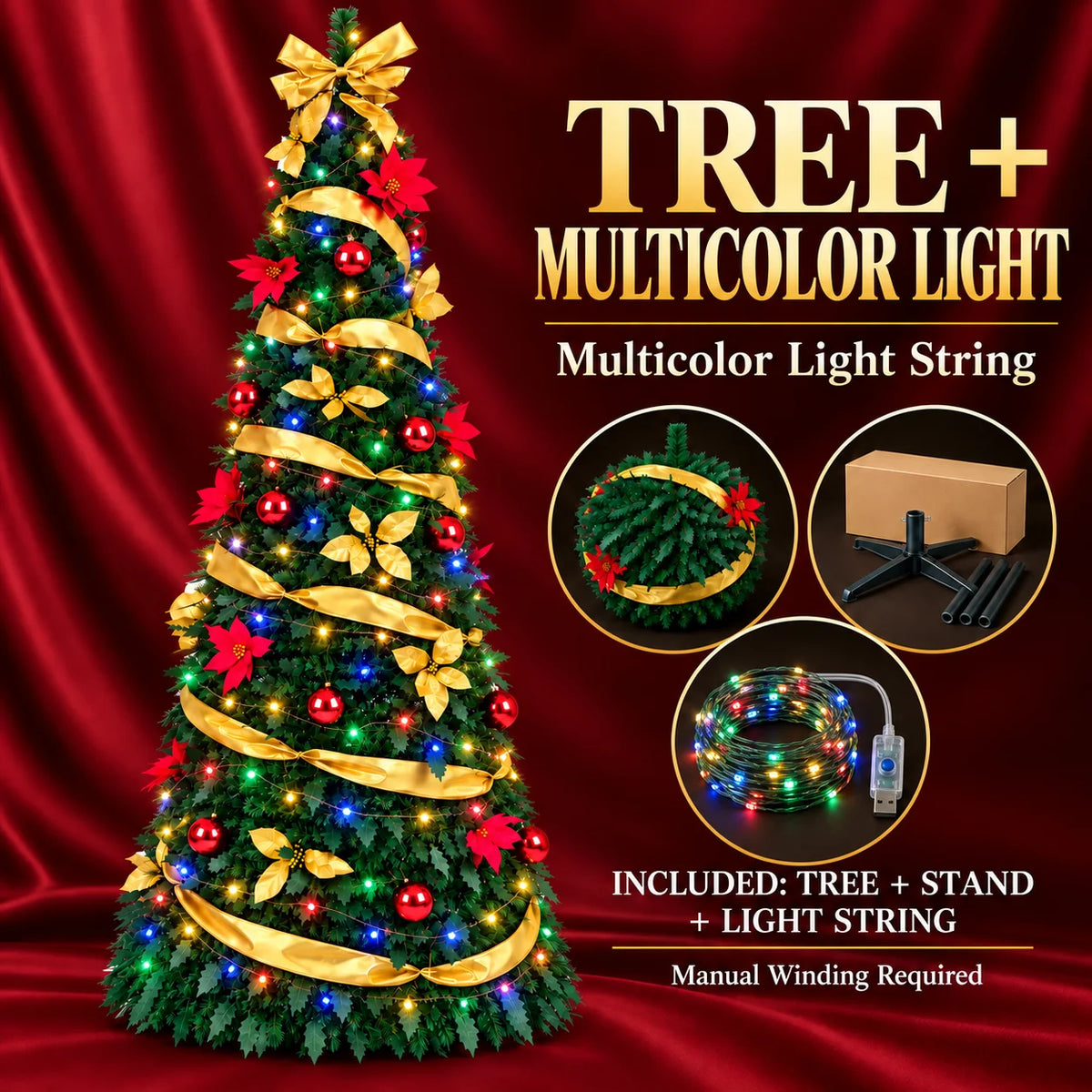Foldable Retractable Pre‑decorated Christmas Tree with Ornaments Space Saving Storage Xmas Decoration for Indoor Holiday Gift