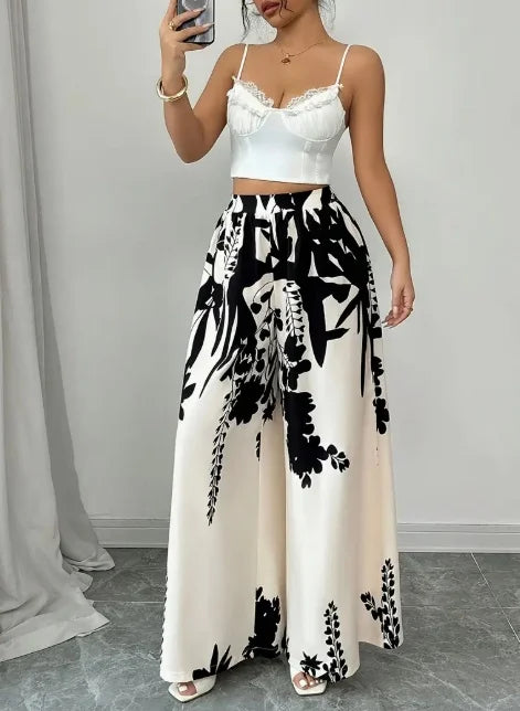 Women's Black Floral Satin Wide-Leg Pants
