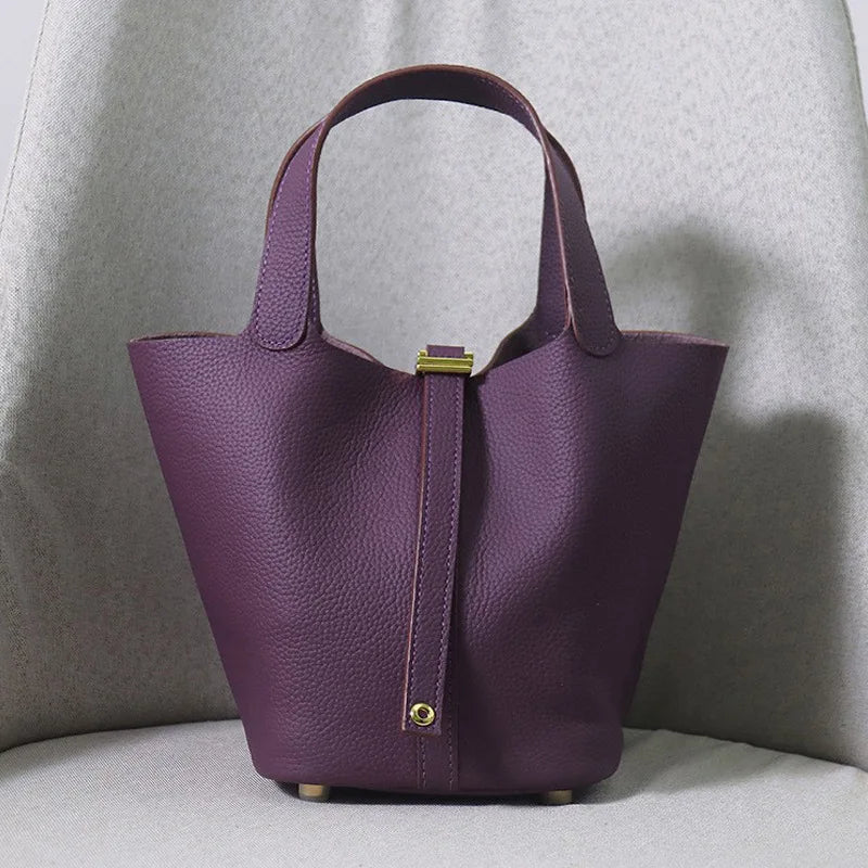 Women's Genuine Cowhide Leather Tote Handbag with Gold-Tone Padlock – 18cm / 22cm
