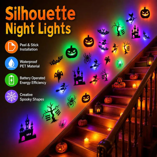 30Pcs Glowing LED Halloween Wall Stickers 3D Hollow Night Light Bat Pumpkin, Spider Witch Castle Ghost Party Wall Decor Ornament