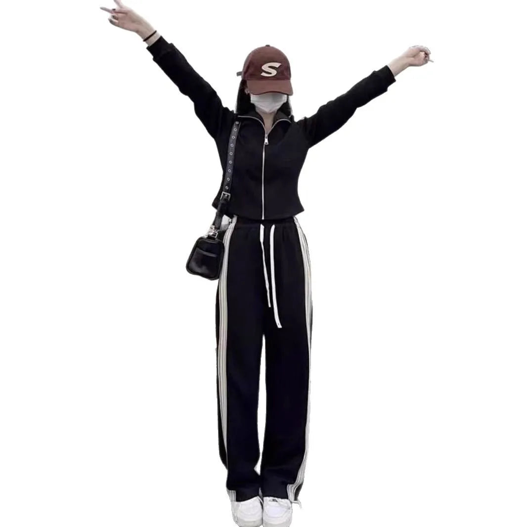 2pcs Autumn winter Women Lady Sets Tracksuit Suit Long-sleeved Cardigan striped crop top Jacket + girls wide leg Trousers pants