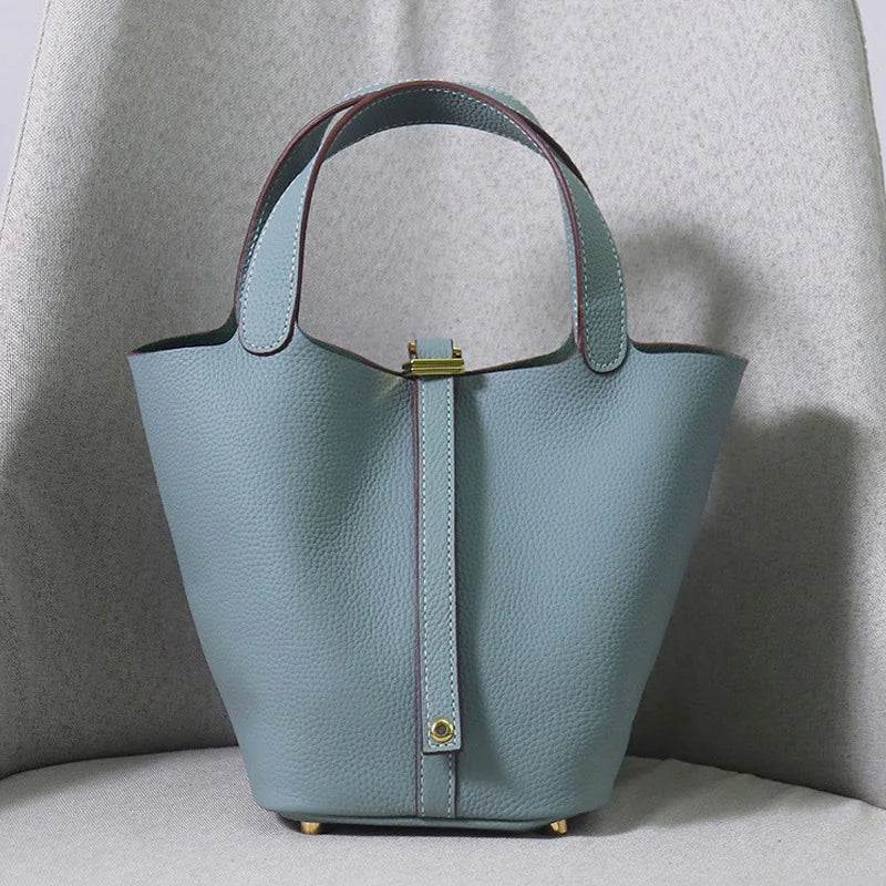 Women's Genuine Cowhide Leather Tote Handbag with Gold-Tone Padlock – 18cm / 22cm