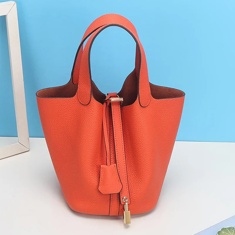 Women's Genuine Cowhide Leather Tote Handbag with Gold-Tone Padlock – 18cm / 22cm