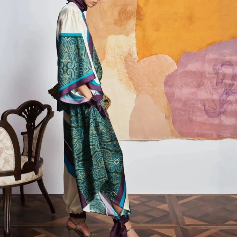 Women's Floral Satin Matching Set – Tie-Waist Top & Pants