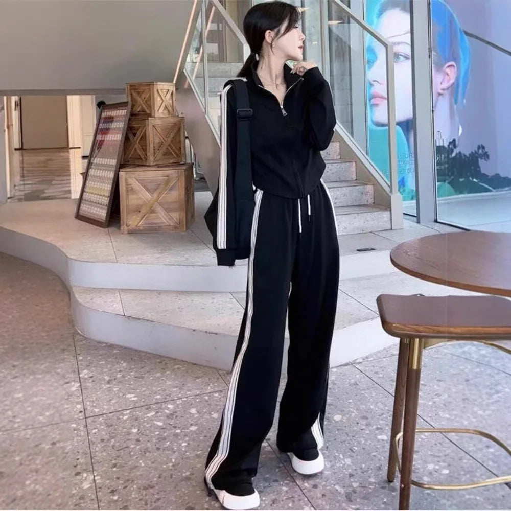 2pcs Autumn winter Women Lady Sets Tracksuit Suit Long-sleeved Cardigan striped crop top Jacket + girls wide leg Trousers pants