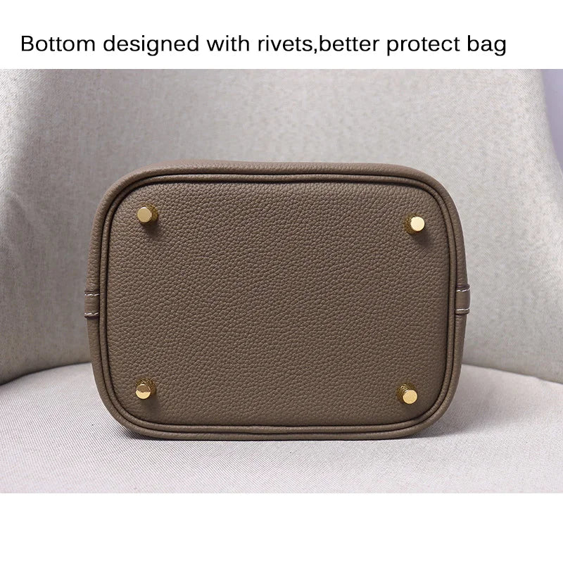Women's Genuine Cowhide Leather Tote Handbag with Gold-Tone Padlock – 18cm / 22cm