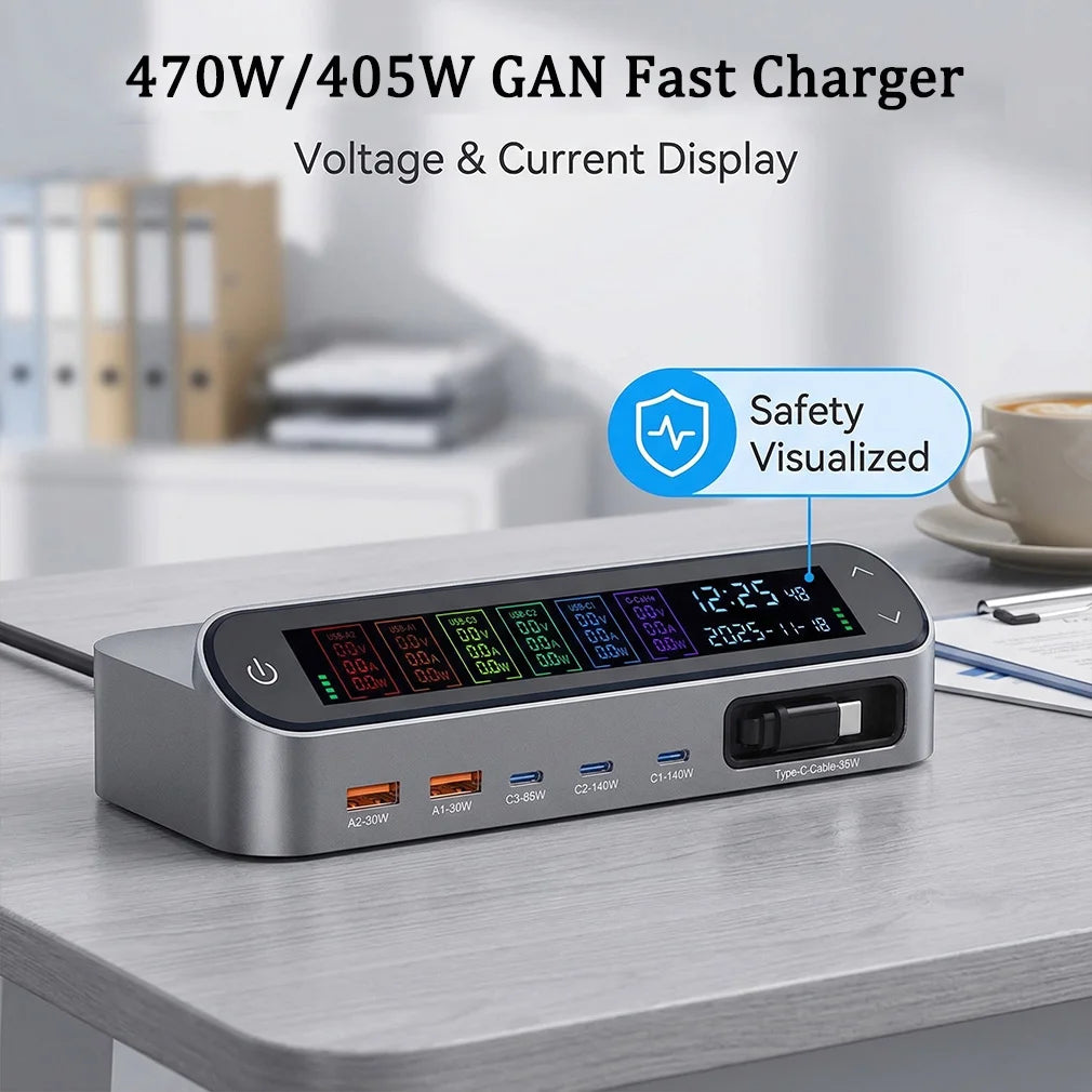 New Multi Port 470W/405W GAN Fast Charger with LCD Display Screen 140W Type C Desktop Charging With 65W Scalable Charging Cable
