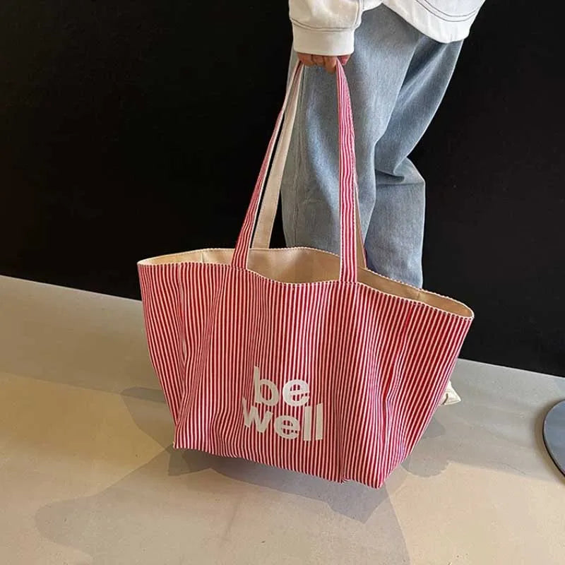 Casual Large Stripe Women's Shoulder Bag 2025 New Fashion Commuter Tote Bag High Capaci Canvas Handbag for Youth bolso mujer
