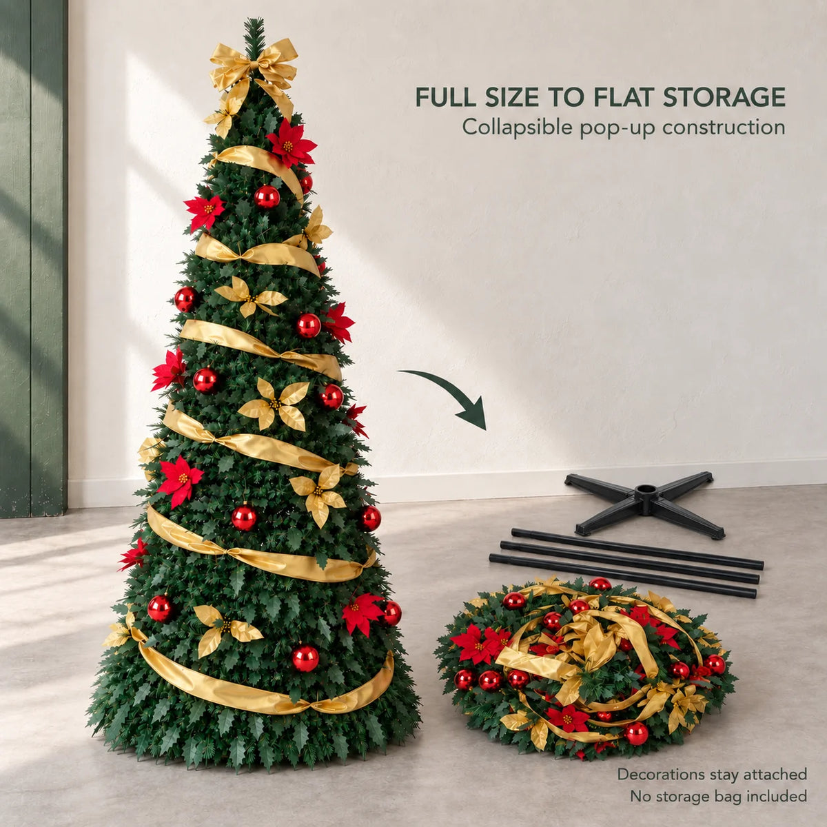 Foldable Retractable Pre‑decorated Christmas Tree with Ornaments Space Saving Storage Xmas Decoration for Indoor Holiday Gift