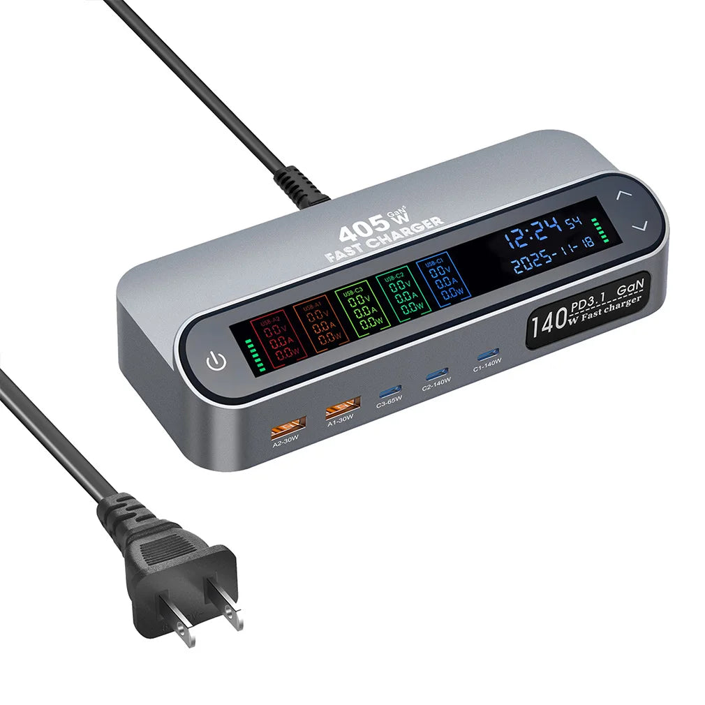 New Multi Port 470W/405W GAN Fast Charger with LCD Display Screen 140W Type C Desktop Charging With 65W Scalable Charging Cable