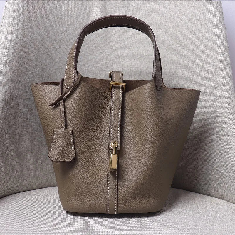 Women's Genuine Cowhide Leather Tote Handbag with Gold-Tone Padlock – 18cm / 22cm