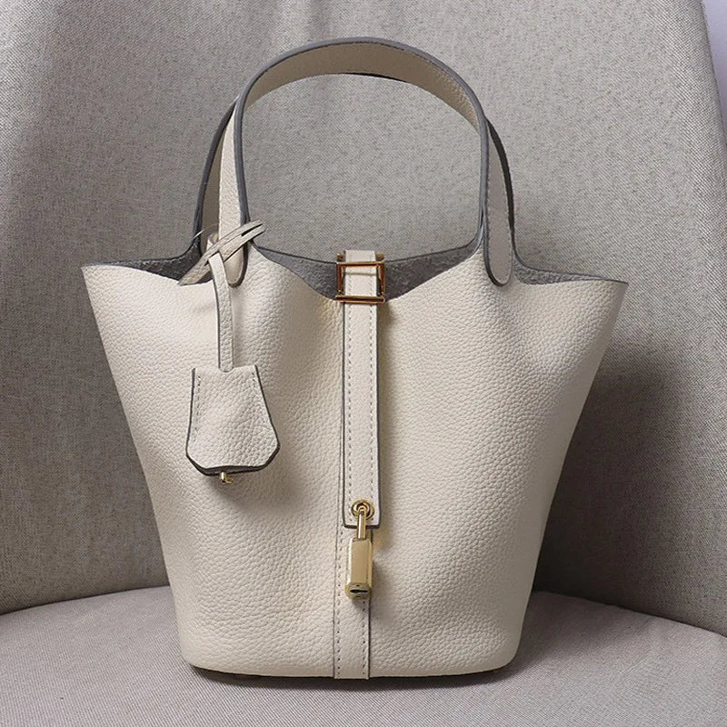 Women's Genuine Cowhide Leather Tote Handbag with Gold-Tone Padlock – 18cm / 22cm