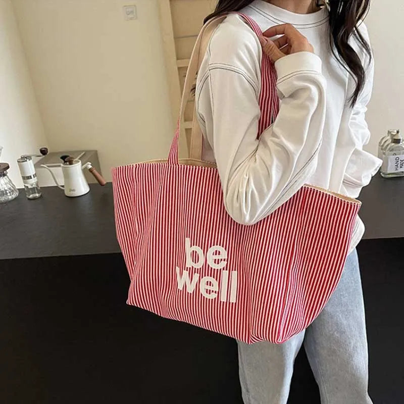 Casual Large Stripe Women's Shoulder Bag 2025 New Fashion Commuter Tote Bag High Capaci Canvas Handbag for Youth bolso mujer