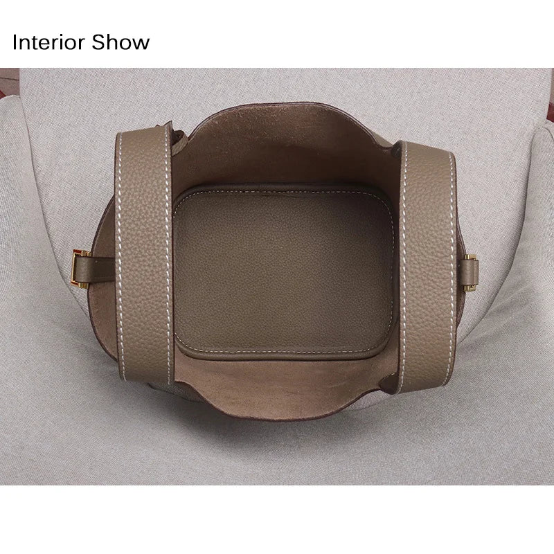 Women's Genuine Cowhide Leather Tote Handbag with Gold-Tone Padlock – 18cm / 22cm