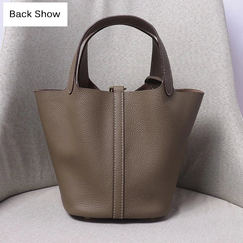 Women's Genuine Cowhide Leather Tote Handbag with Gold-Tone Padlock – 18cm / 22cm